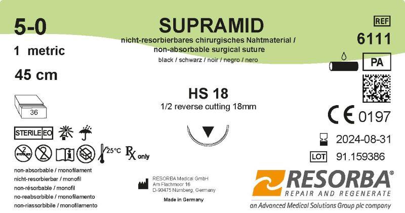 Супрамід USP4-0 білий, довж петлі 50см, кол. голка з ріж.вістрям 18мм, 1/2 кола